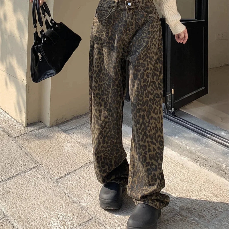 Elke – Modische Hose mit weitem Bein und Taschen Und Leopardenmuster
