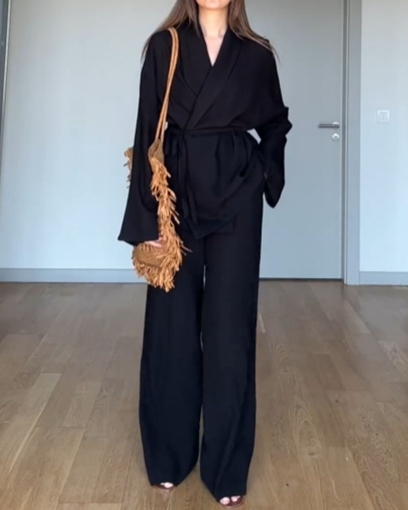 Sarah – Zweiteiliges Satz mit Langarm Oberteil mit V Ausschnitt und Hose mit elastischer Taille
