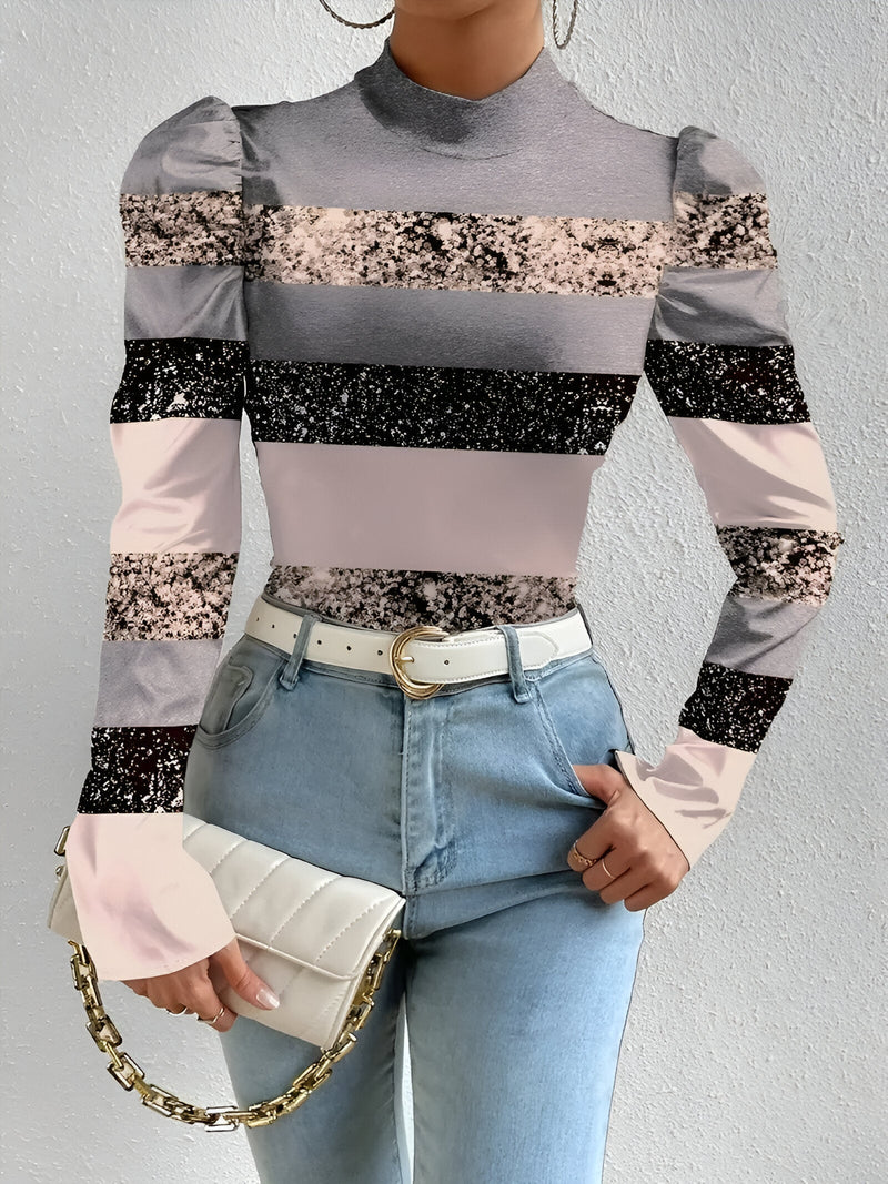 Amara – Blumenbluse mit hohem Ausschnitt und Puffärmeln