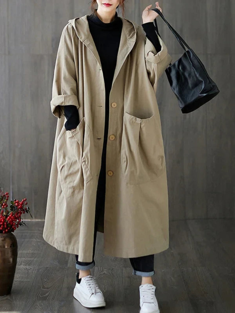 Bianca – Lässiger Kapuzen Trenchcoat mit langen Ärmeln und Knöpfen