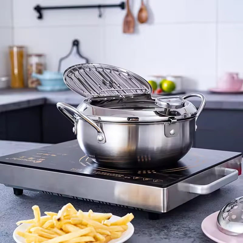 TempuraPro – Bratpfanne mit eingebautem Thermometer und Ölfilter für perfektes Kochen