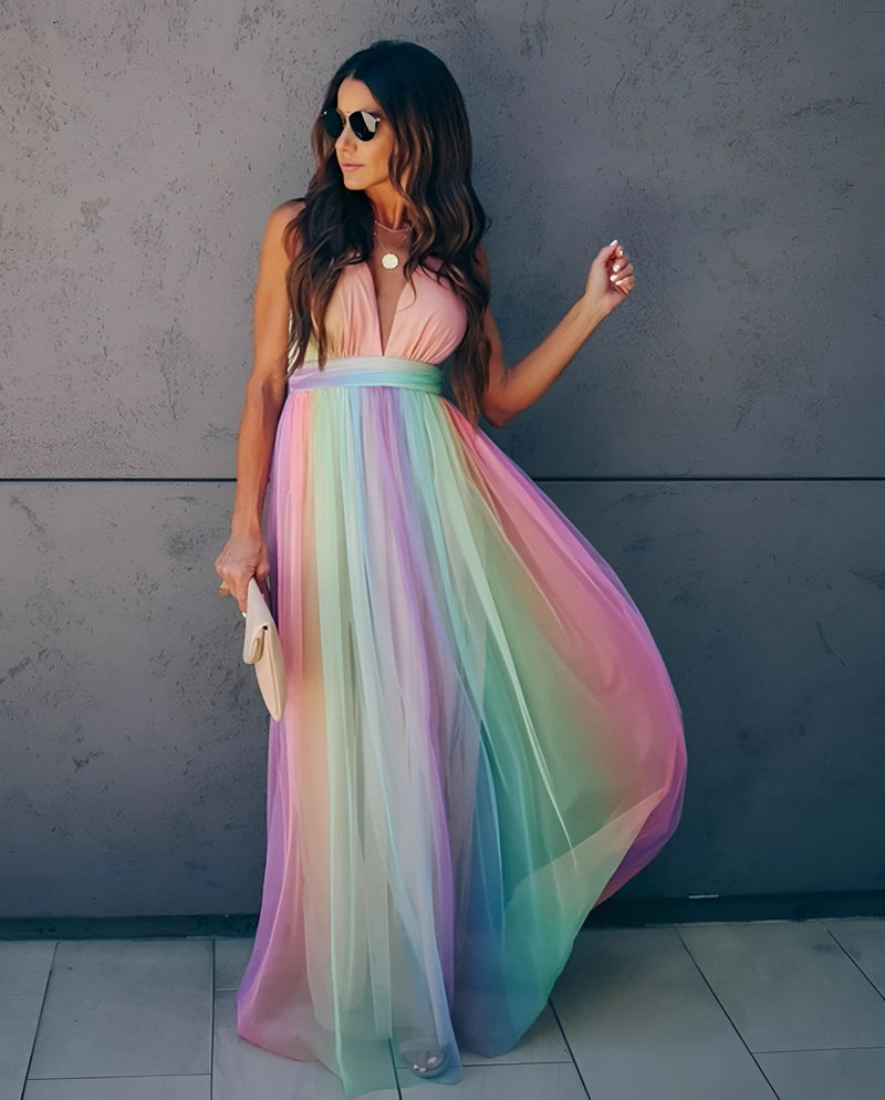 Elke - Ärmellos Regenbogen Drucken Maxikleid