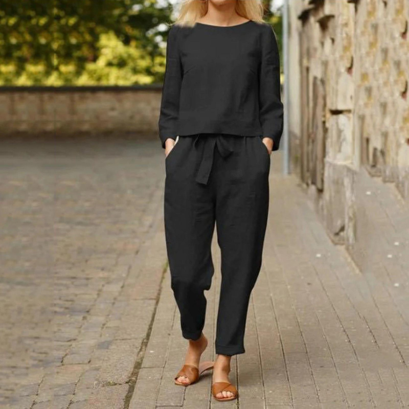 Lina - Zweiteiliges Set mit langärmeligem Oberteil und lockerer Hose mit hoher Taille