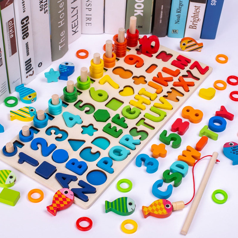 MontiMaze – Montessori Puzzlebrett mit Formen Zahlen und Angelspiel