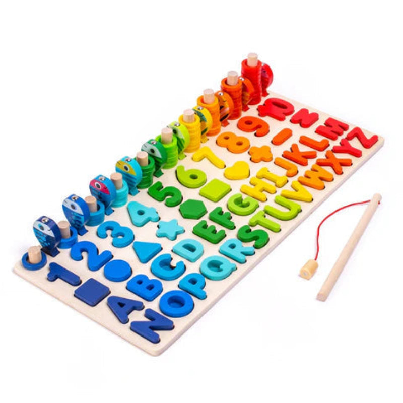 MontiMaze – Montessori Puzzlebrett mit Formen Zahlen und Angelspiel