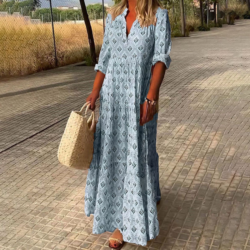Serena – Lässiges bedrucktes Maxikleid mit V Ausschnitt und langen Ärmeln