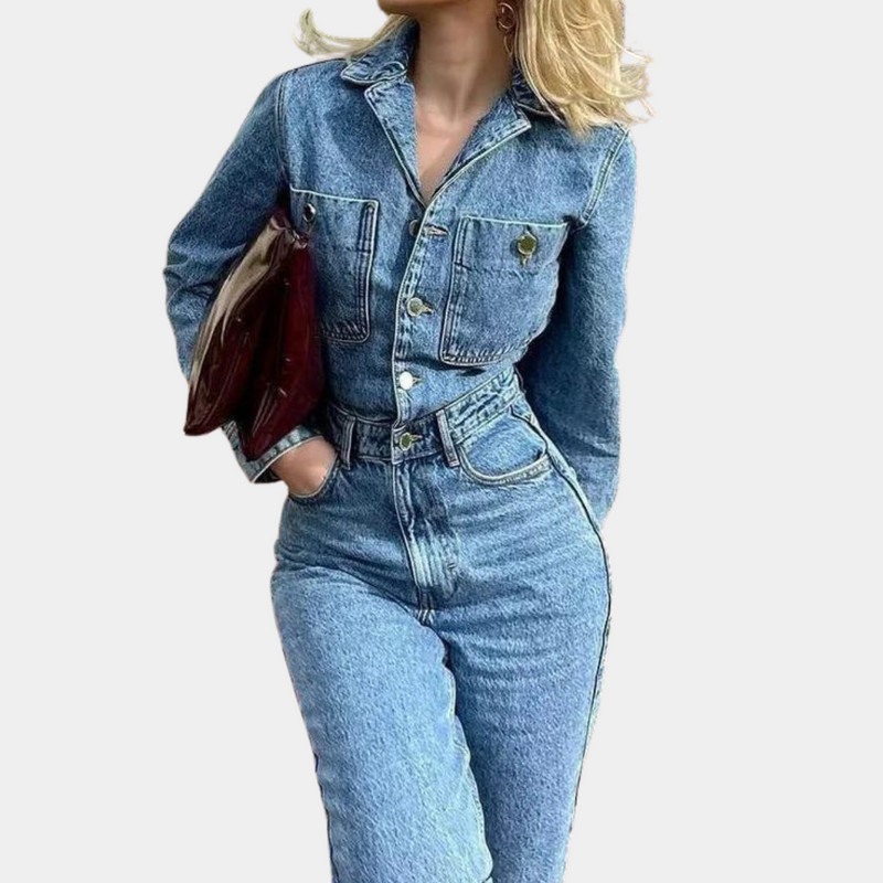 Anna - Langärmeliger Gerades Bein Denim Overall Mit Schaltflächen