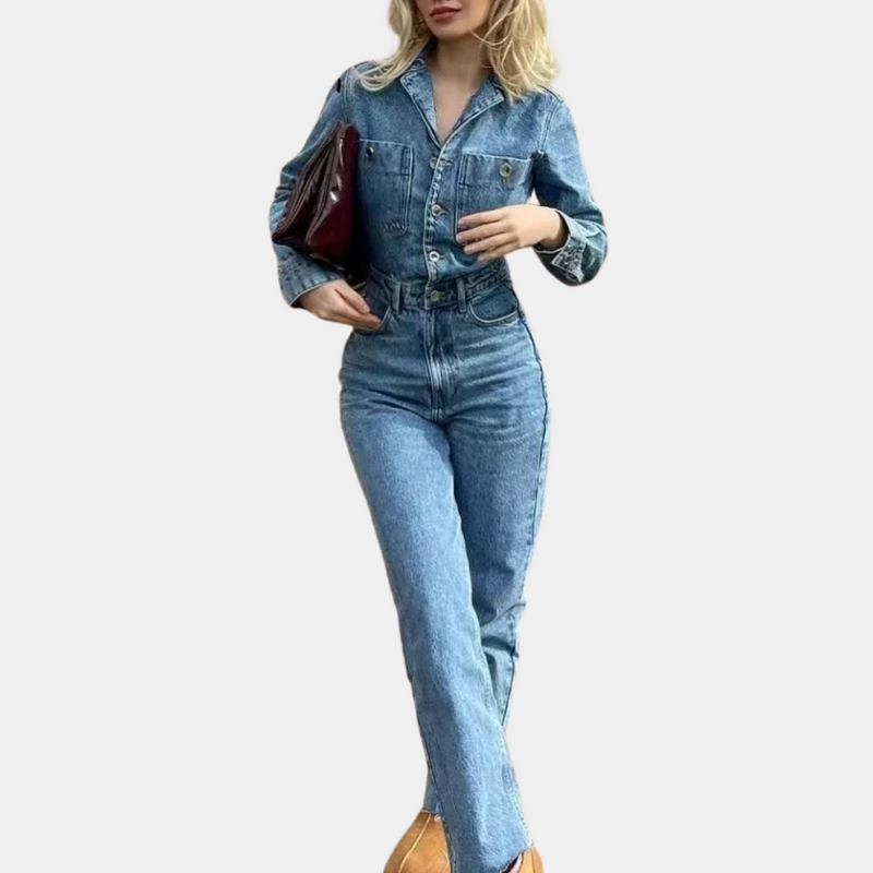 Anna - Langärmeliger Gerades Bein Denim Overall Mit Schaltflächen