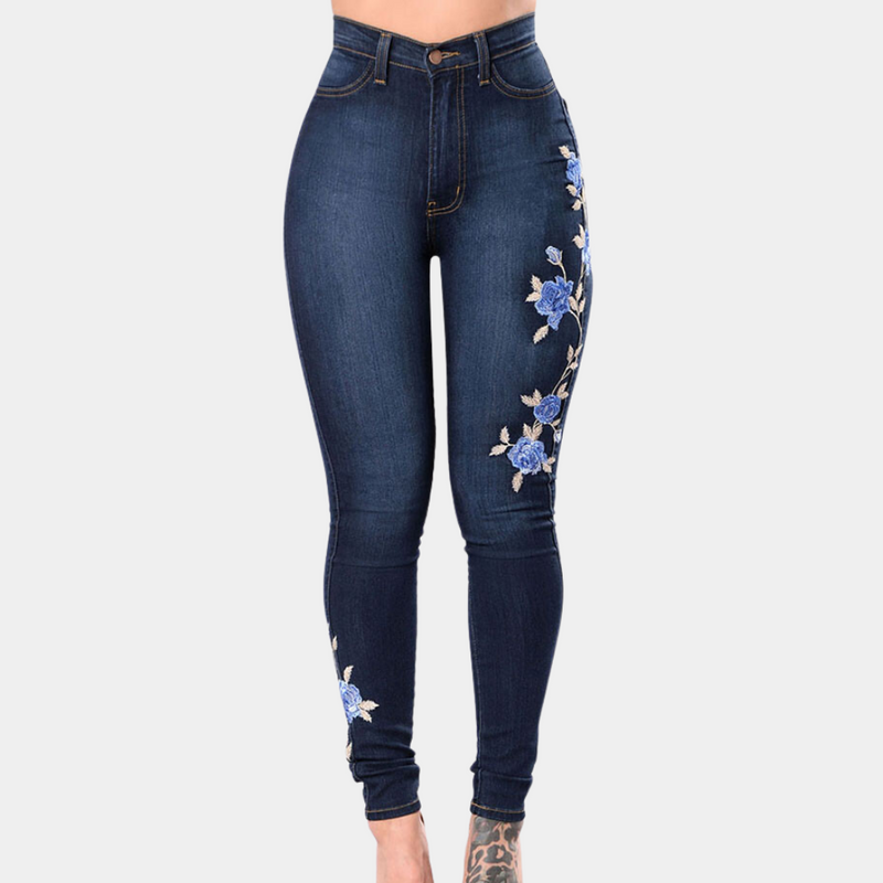 Sofia – Hoch Taille Jeans mit floralem Detail und flexiblem Design