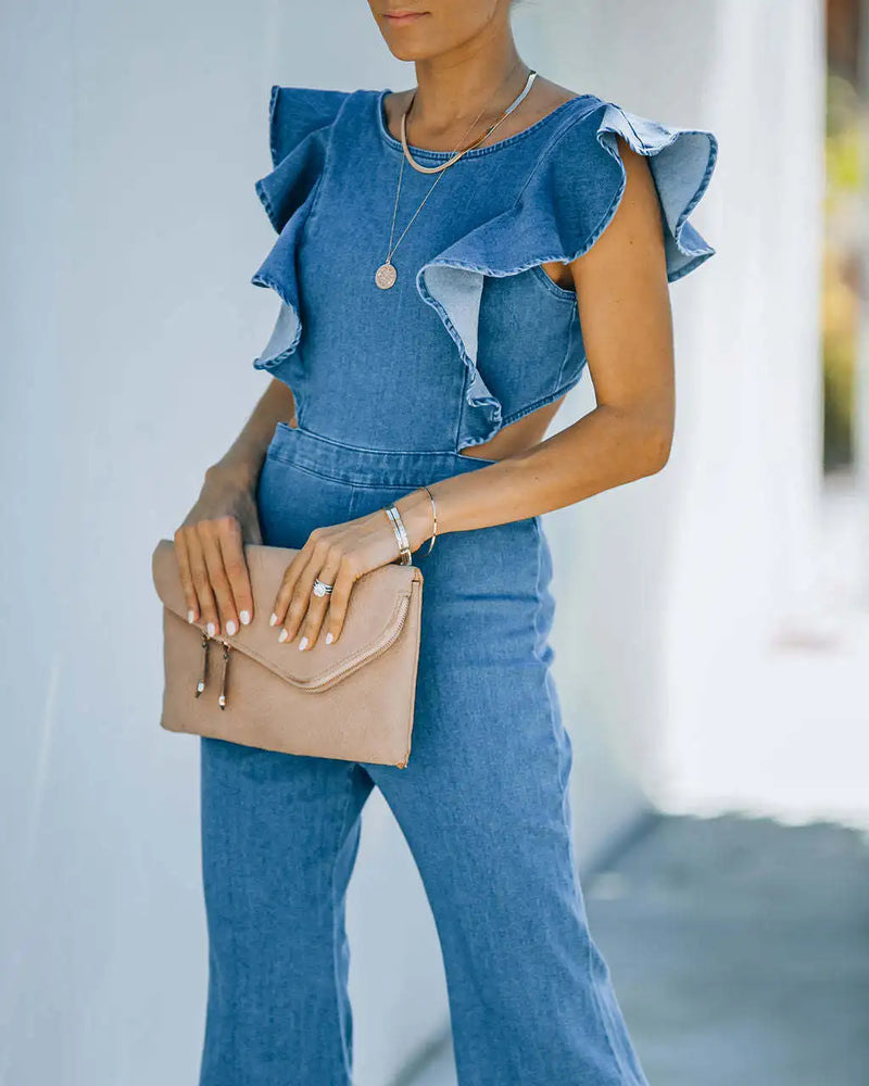 Emma -  Rundhalsausschnitt Ausgestellte Ärmel Denim Jumpsuits
