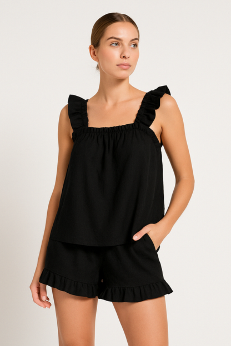 Elina – Stilvolles Pyjama Set Ärmelloses Rüschentop mit passenden Shorts