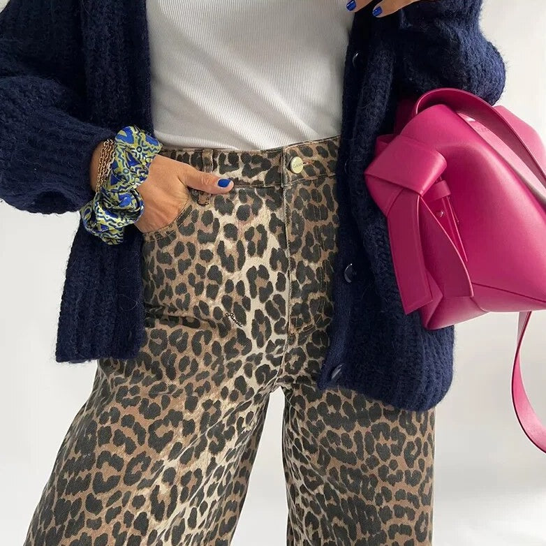 Miriam – Modische Lockere Passform hoher Taille Hose mit Leopardenmuster und Taschen