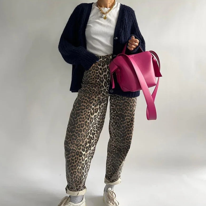Miriam – Modische Lockere Passform hoher Taille Hose mit Leopardenmuster und Taschen