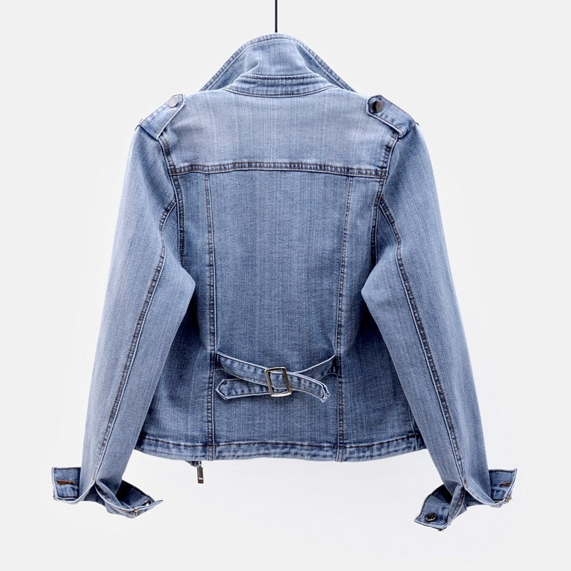 Greta - Langärmelig Reverskragen Reißverschluss Denim-Jacke