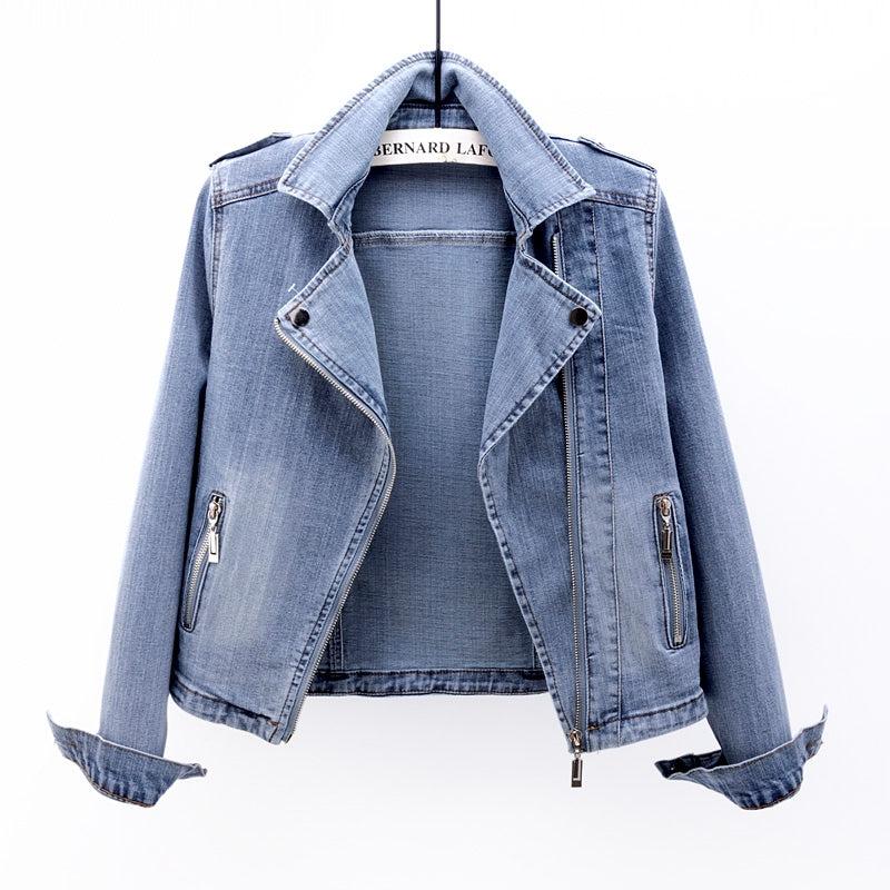 Greta - Langärmelig Reverskragen Reißverschluss Denim-Jacke