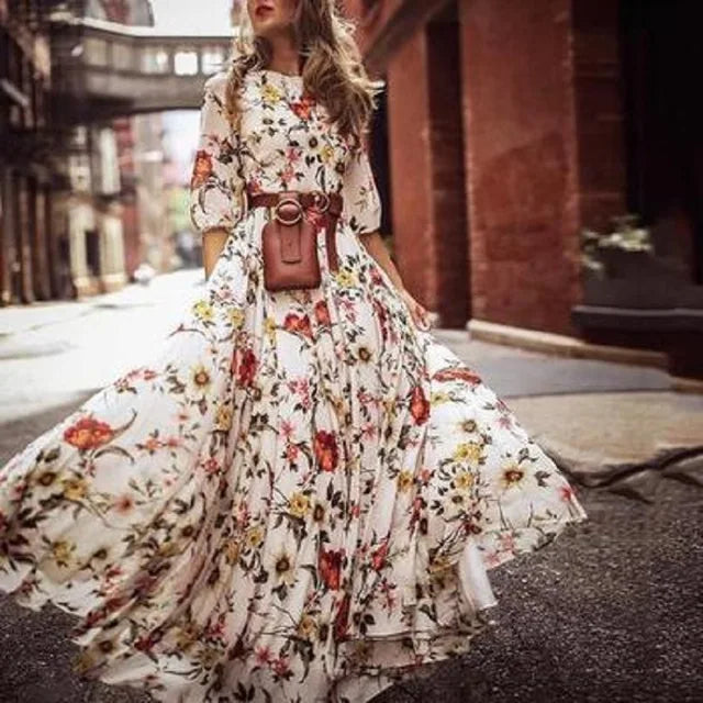 Nadine – Blumendruck Gürtel Kleid mit Kurze Ärmel und Rundhalsausschnitt