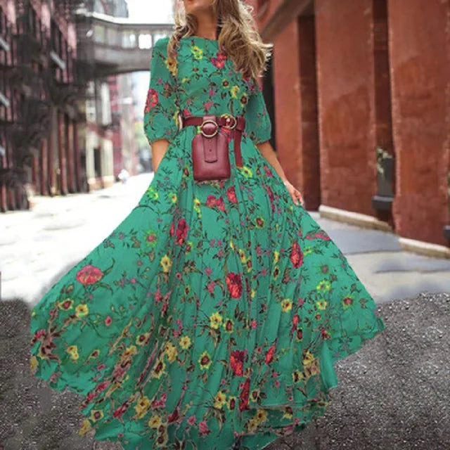 Nadine – Blumendruck Gürtel Kleid mit Kurze Ärmel und Rundhalsausschnitt