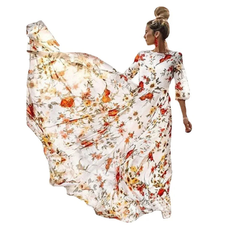 Nadine – Blumendruck Gürtel Kleid mit Kurze Ärmel und Rundhalsausschnitt