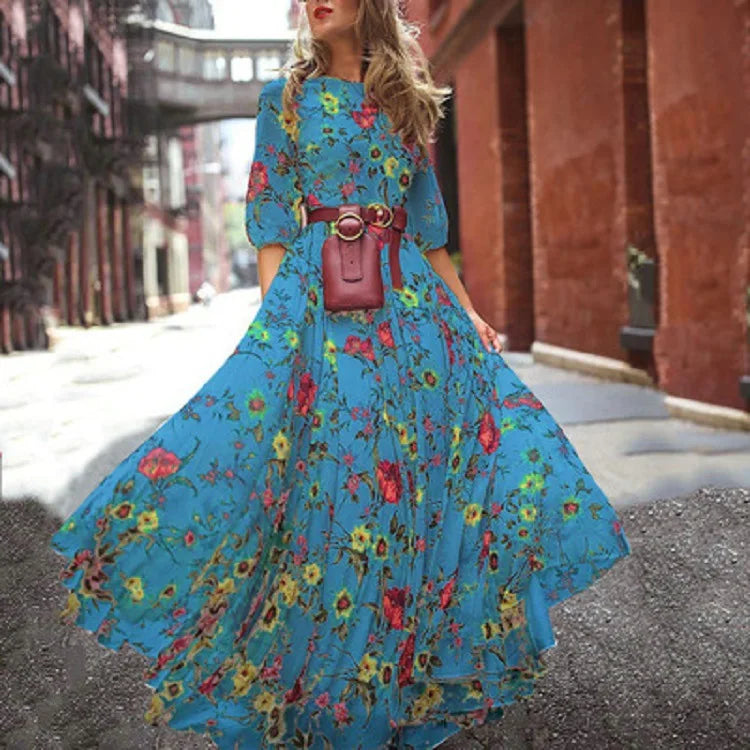 Nadine – Blumendruck Gürtel Kleid mit Kurze Ärmel und Rundhalsausschnitt