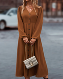Zemira - Lässiges langen Ärmeln Kleid mit V Ausschnitt und Knopfdetails