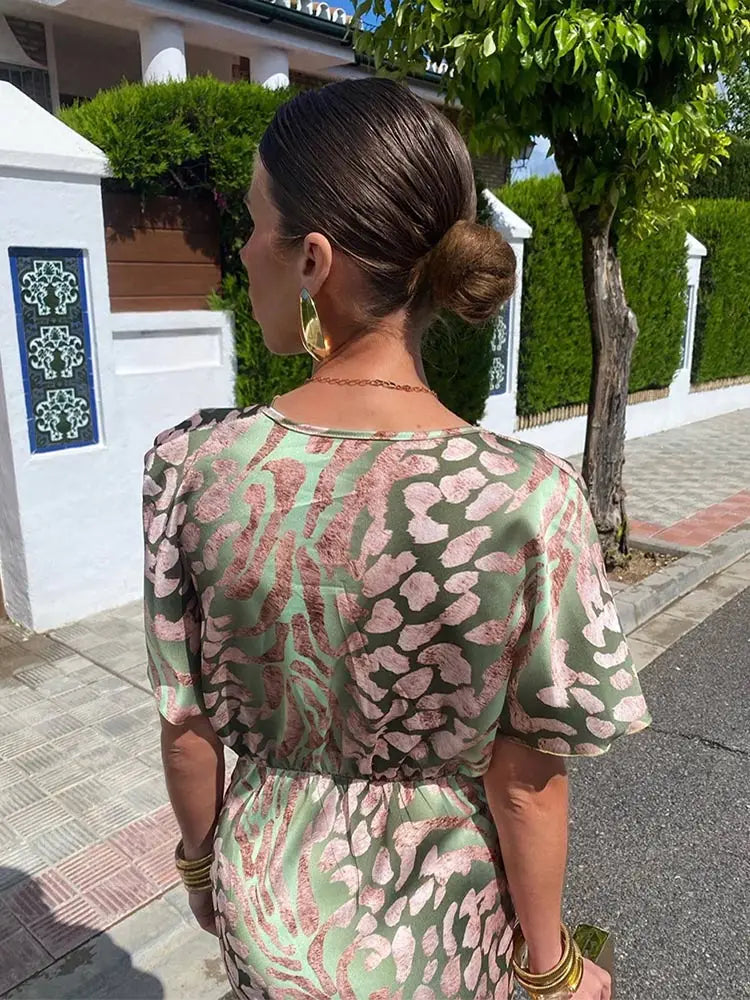 Julia - Modisches bedrucktes V Ausschnitt Kleid mit kurzen Ärmeln