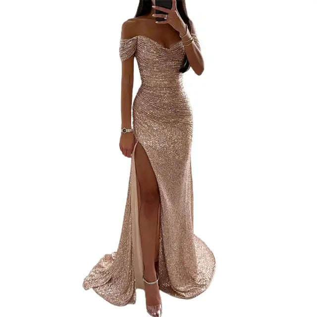 Renate – Modisches V Ausschnitt Schulterfrei Maxikleid mit Seitenschlitz