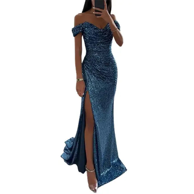 Renate – Modisches V Ausschnitt Schulterfrei Maxikleid mit Seitenschlitz