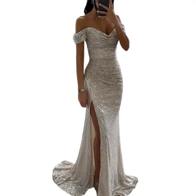 Renate – Modisches V Ausschnitt Schulterfrei Maxikleid mit Seitenschlitz