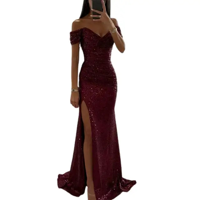 Renate – Modisches V Ausschnitt Schulterfrei Maxikleid mit Seitenschlitz