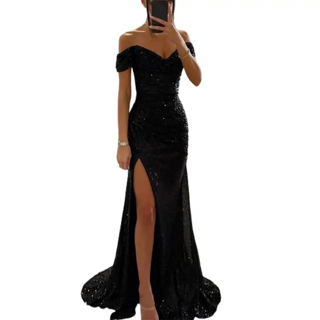 Renate – Modisches V Ausschnitt Schulterfrei Maxikleid mit Seitenschlitz