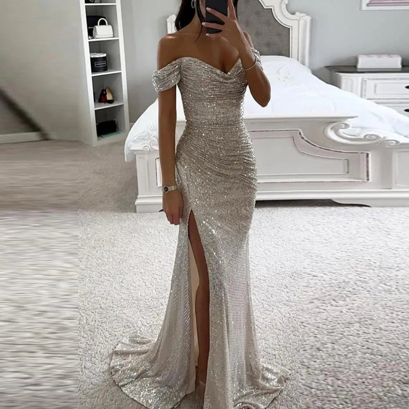 Renate – Modisches V Ausschnitt Schulterfrei Maxikleid mit Seitenschlitz