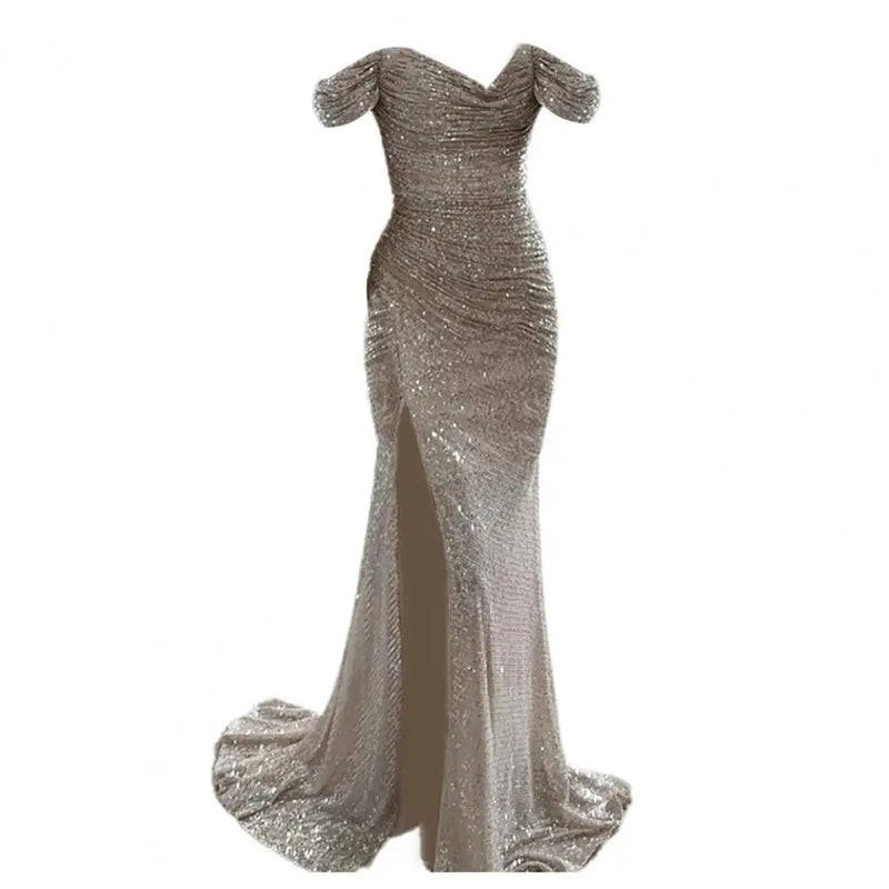 Renate – Modisches V Ausschnitt Schulterfrei Maxikleid mit Seitenschlitz