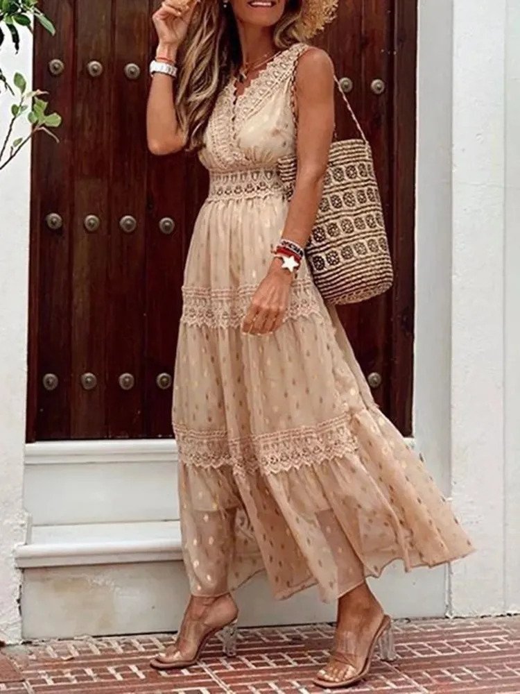 Luisa – Modisches ärmelloses Maxikleid mit V Ausschnitt und hoher Taille