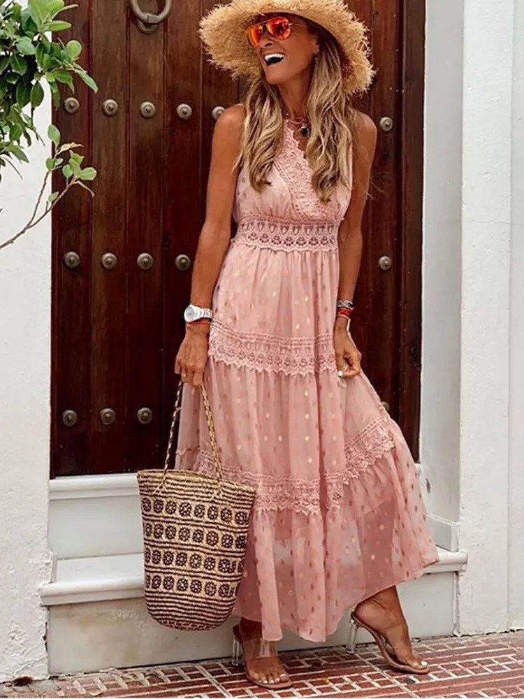 Luisa – Modisches ärmelloses Maxikleid mit V Ausschnitt und hoher Taille