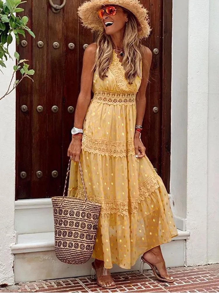 Luisa – Modisches ärmelloses Maxikleid mit V Ausschnitt und hoher Taille
