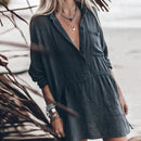 Zelma - Locker sitzendes mittellanges Hemdkleid mit V Ausschnitt Knöpfen und Taschen