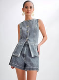 Rhea – Taillierte ärmellose Weste mit Fronttaschen und taillierten Shorts