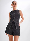 Rhea – Taillierte ärmellose Weste mit Fronttaschen und taillierten Shorts