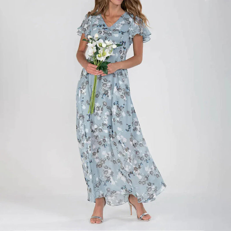 Antonia – Elegantes Rüschenärmeln Midikleid mit V Ausschnitt und Blumendruck