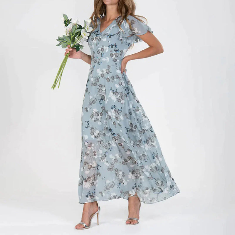 Antonia – Elegantes Rüschenärmeln Midikleid mit V Ausschnitt und Blumendruck