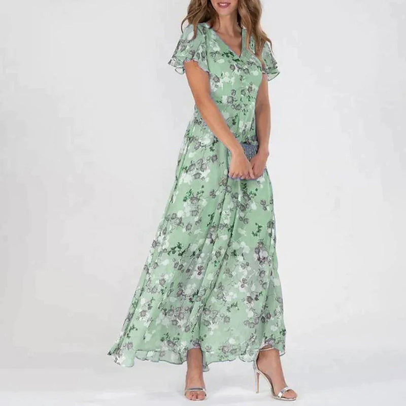 Antonia – Elegantes Rüschenärmeln Midikleid mit V Ausschnitt und Blumendruck