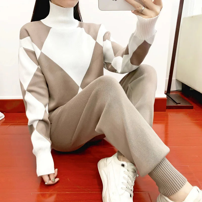 Emilia -  Langärmelig Rollkragenpullover Mit Taschen Hose Zweiteiliges Set