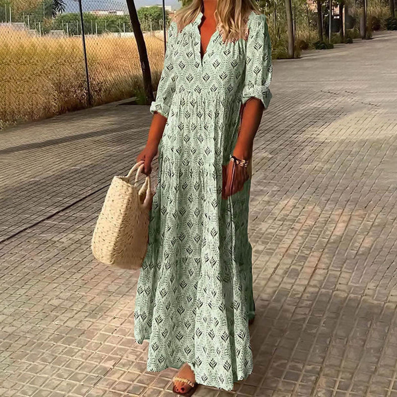 Serena – Lässiges bedrucktes Maxikleid mit V Ausschnitt und langen Ärmeln