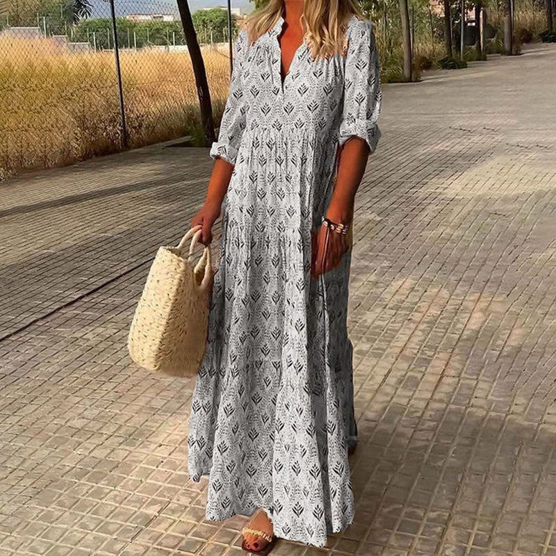 Serena – Lässiges bedrucktes Maxikleid mit V Ausschnitt und langen Ärmeln