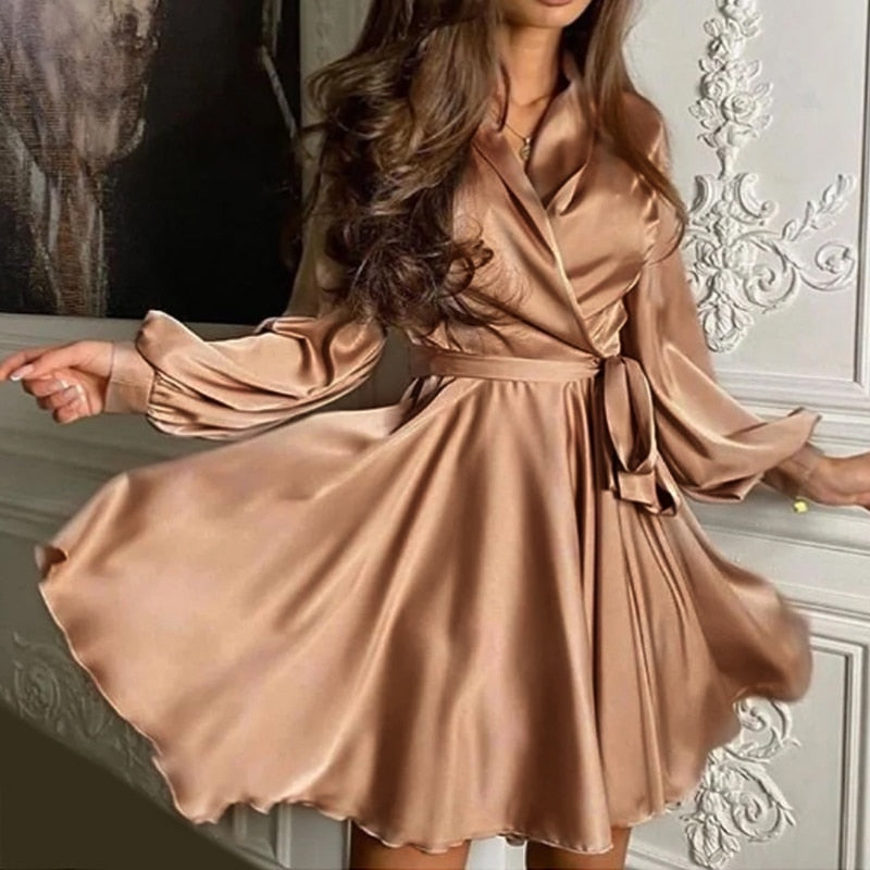 Helga - V Ausschnitt Laternenhülsen Fließender Mini Kleid