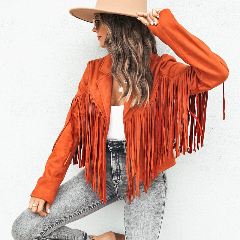 Frieda - Langärmelige überschnittene Jacke mit Reverskragen und Fransendetail