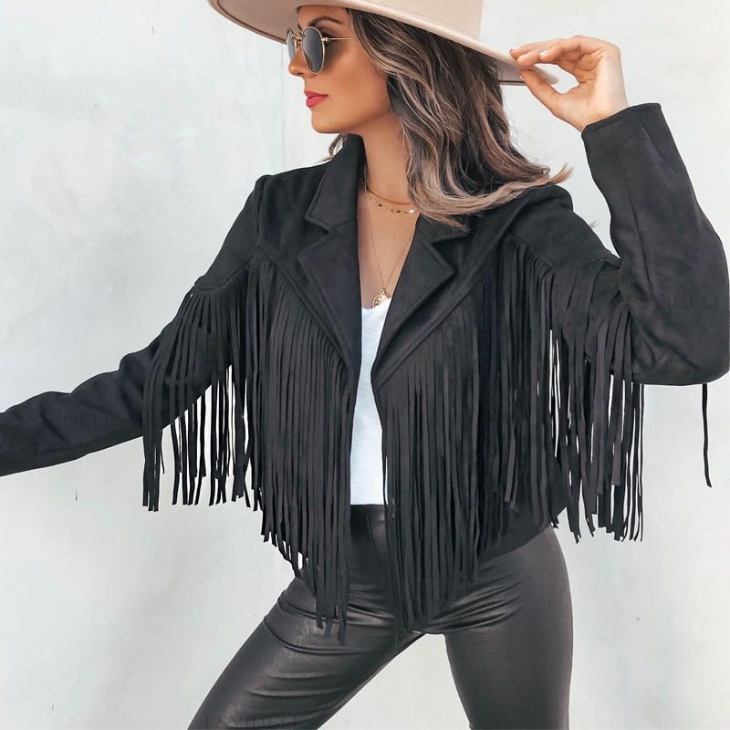 Frieda - Langärmelige überschnittene Jacke mit Reverskragen und Fransendetail