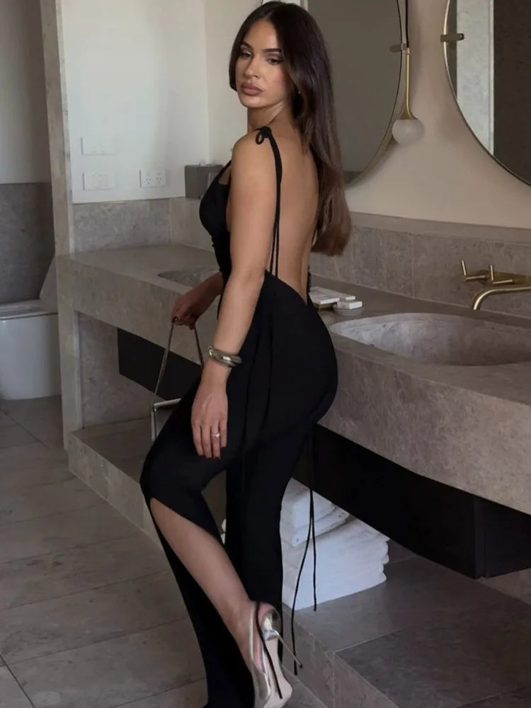Miriam – Lässiger rückenfreier ärmelloser Jumpsuit mit Spaghettiträgern und weitem Beinschlitz