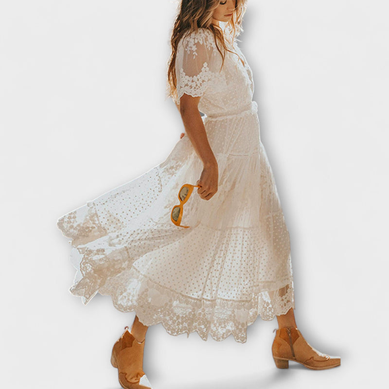 Kerstin – Elegantes Midikleid mit V Ausschnitt und kurzen Ärmeln