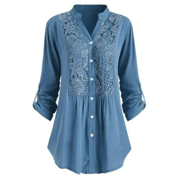 Wanda - Modischer V Ausschnitt Lange Bluse mit Puffärmeln und Knöpfen